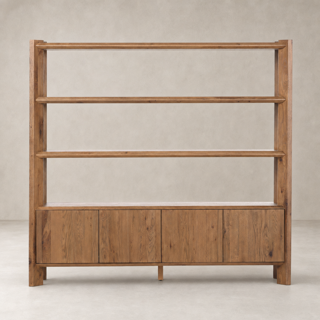 Zuma Wide Bookshelf in Worn Oak with open shelves and storage cabinets.