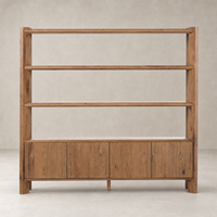 Zuma Wide Bookshelf in Worn Oak with open shelves and storage cabinets.