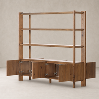Zuma Wide Bookshelf in worn oak featuring open shelves and cabinet storage.