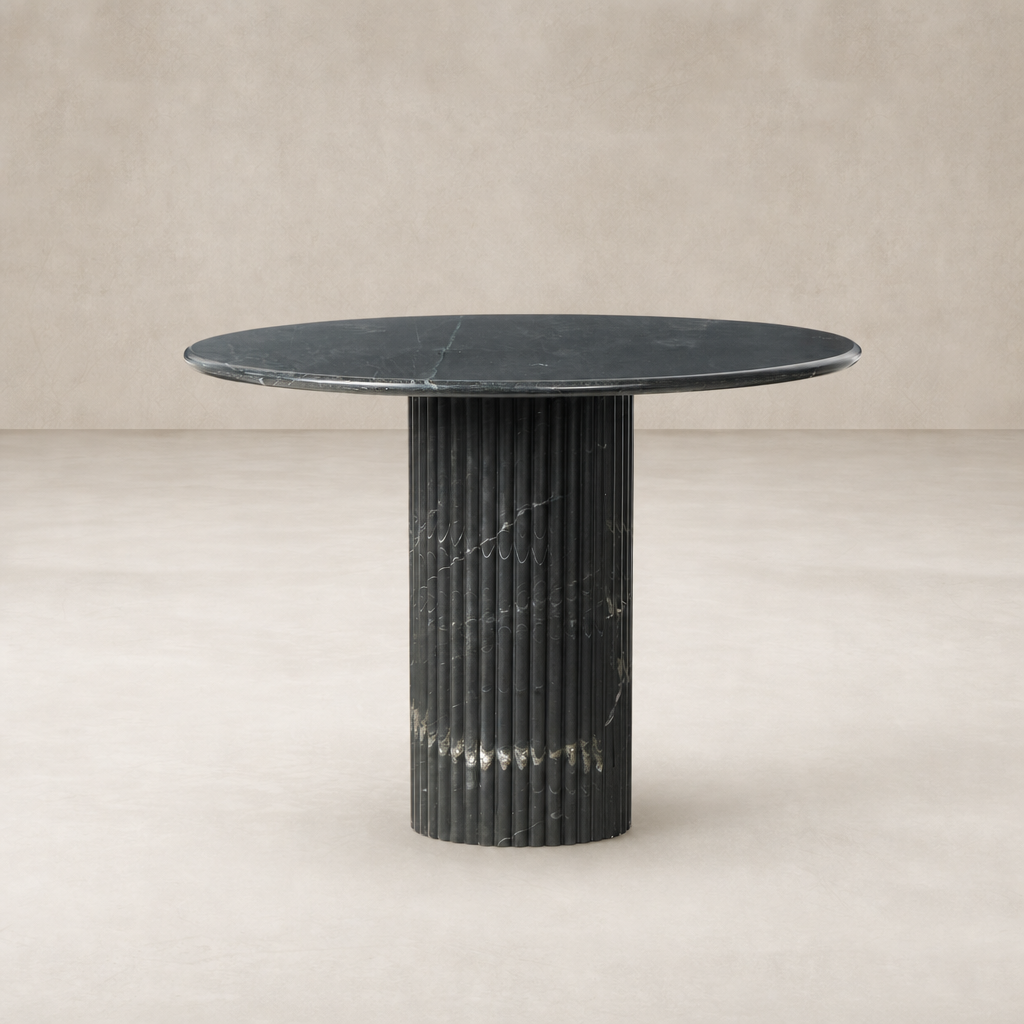 Ilaria Round Dining Table 42 in black marble with a sleek, cylindrical base.