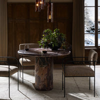 Ilaria Round Dining Table 42 in Merlot Marble with a polished round top and fluted pedestal.