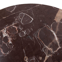 Close-up of the Ilaria Round Dining Table 42 in rich Merlot Marble finish.