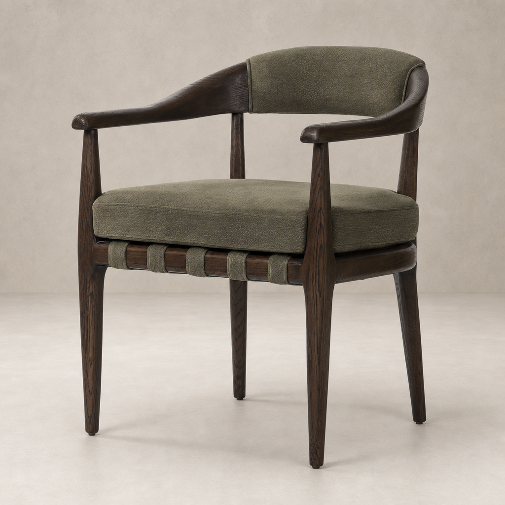 Nolan Dining Chair in Broadway Olive with elegant wood legs and plush seat cushion.