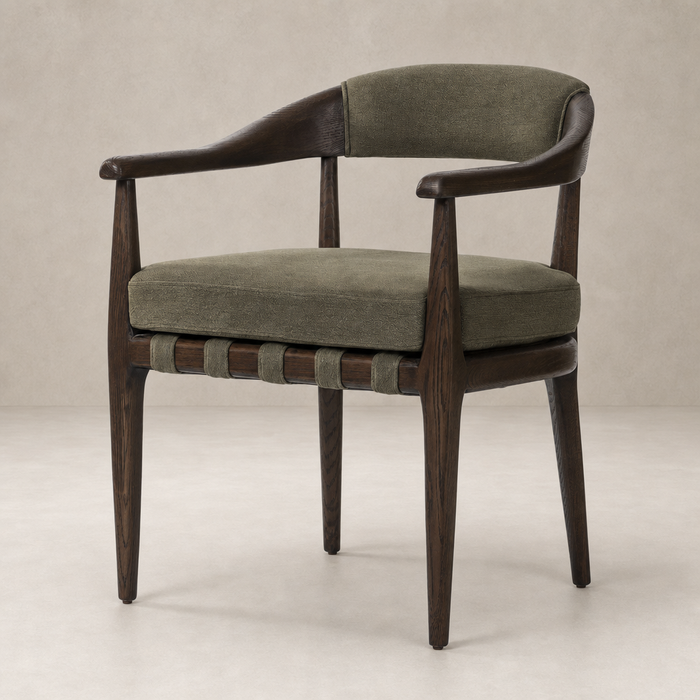Nolan Dining Chair in Broadway Olive with elegant wood legs and plush seat cushion.