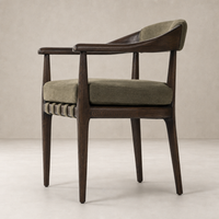 Nolan Dining Chair in Broadway Olive with wooden arms and textured upholstery.