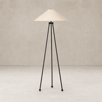 Matte black floor lamp with a conical fabric shade and tripod design.