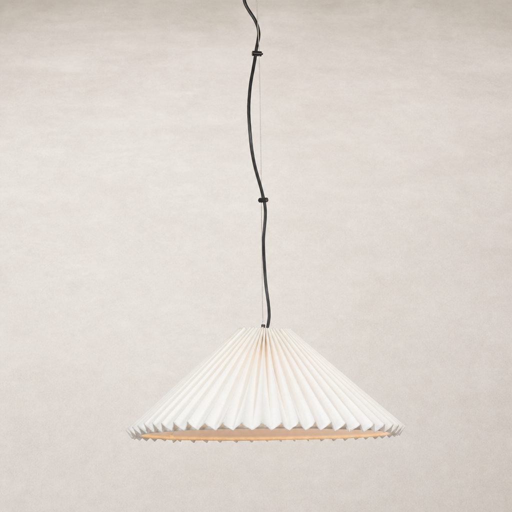 Jet black pendant light with pleated design and elegant silhouette.