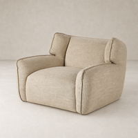 Allora Swivel Chair in Saxon Sand with soft, rounded shape and textured fabric.