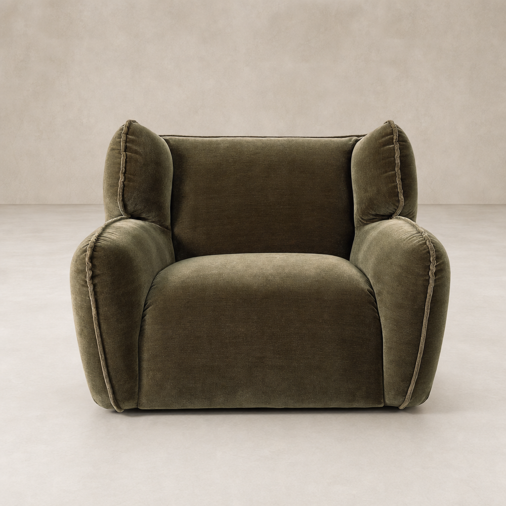 Allora Swivel Chair in Monte Olive with plush, rounded cushions and a soft texture.