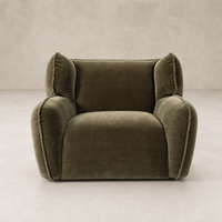 Allora Swivel Chair in Monte Olive with plush, rounded cushions and a soft texture.