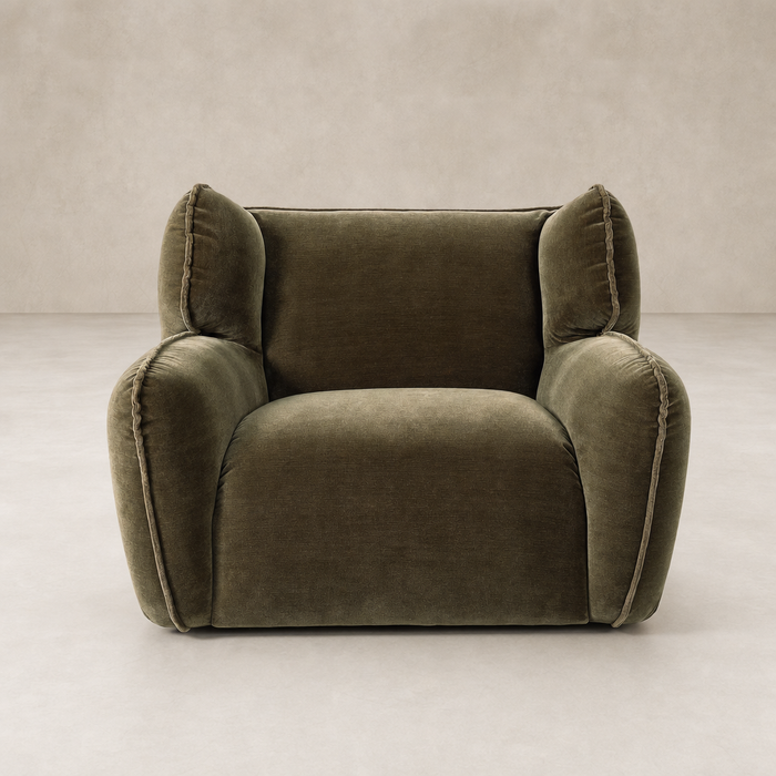 Allora Swivel Chair in Monte Olive with plush, rounded cushions and a soft texture.