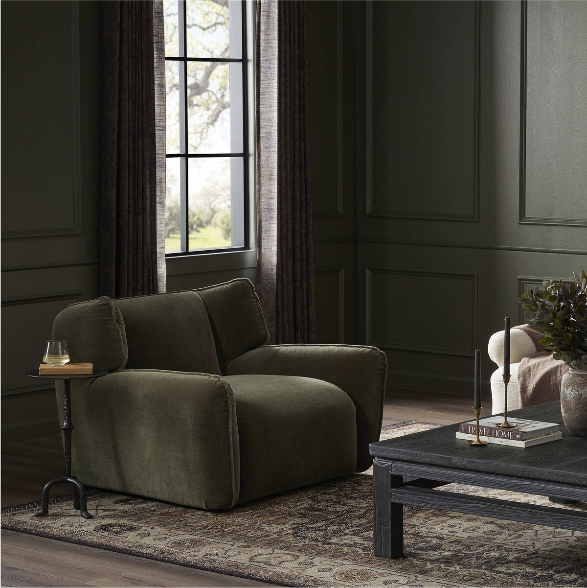 Allora Swivel Chair in Monte Olive, featuring a plush, oversized design and soft fabric.