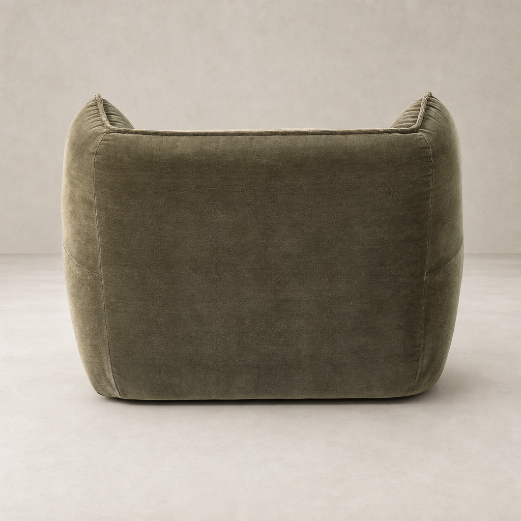 Allora Swivel Chair in Monte Olive features a plush, modern silhouette with soft upholstery.