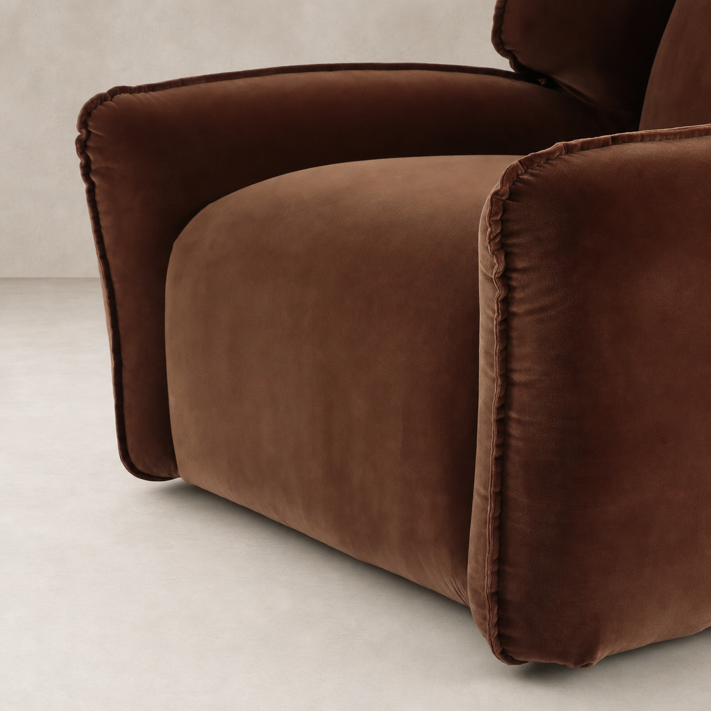 Allora Swivel Chair in Surrey Ochre with plush upholstery and rounded armrests.