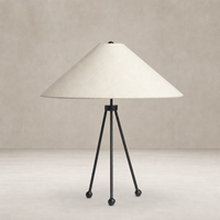 Matte black table lamp with a conical shade and tripod legs.