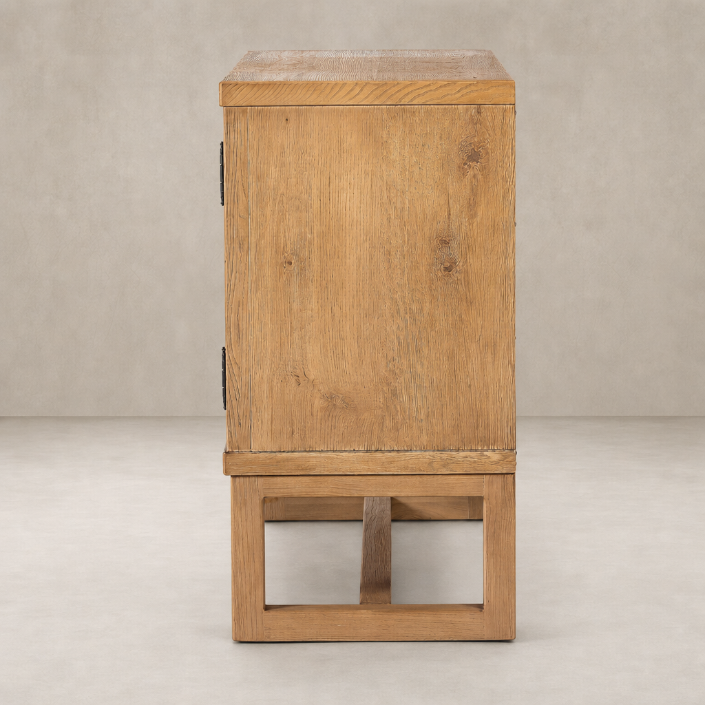 Samara Small Cabinet in Worn Oak showcasing rustic wood texture and clean lines.