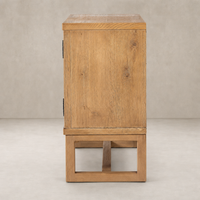 Samara Small Cabinet in Worn Oak showcasing rustic wood texture and clean lines.