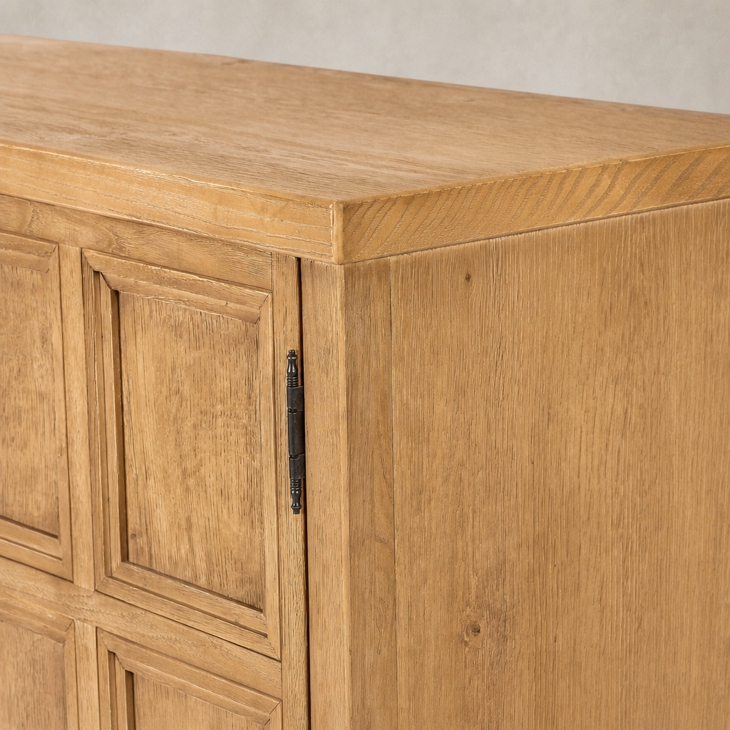 Worn Oak Samara Small Cabinet with textured wood finish and detailed paneling.