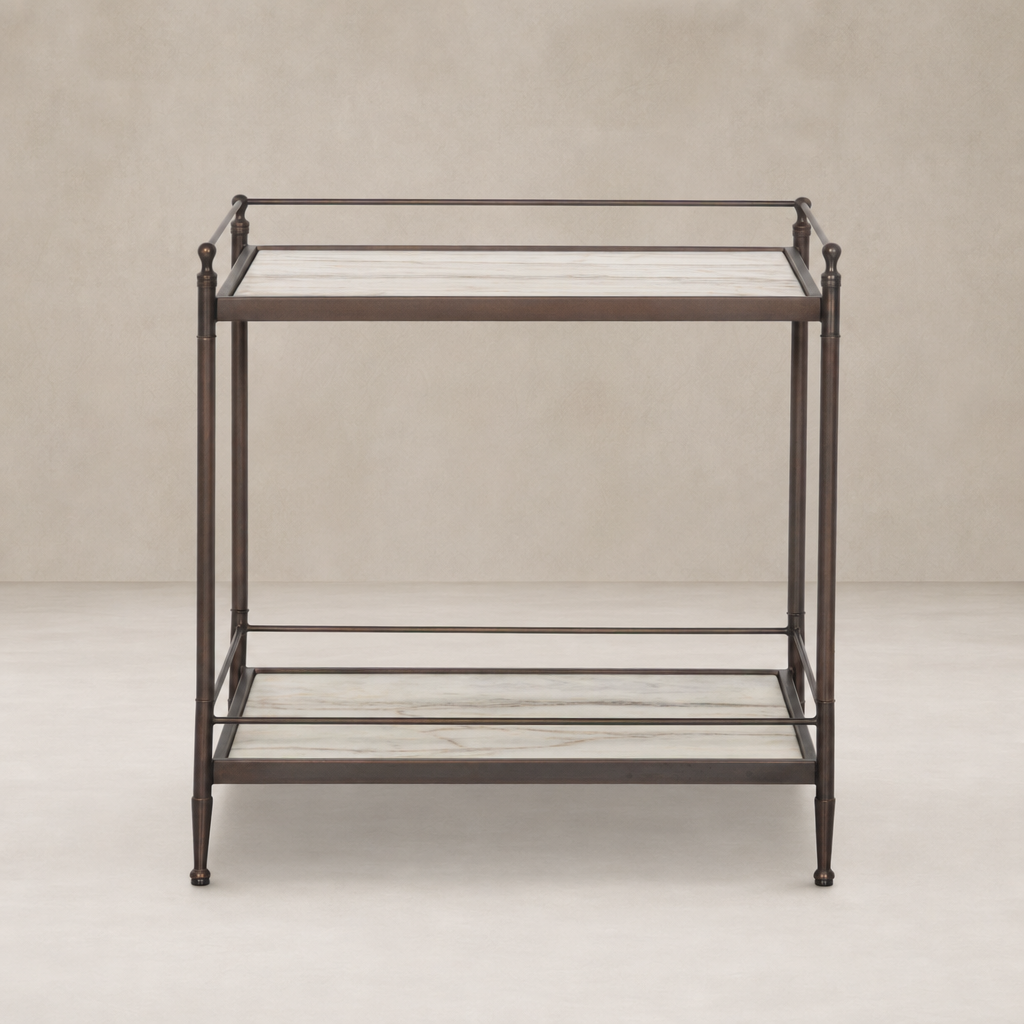 Soren Nightstand features a sleek design with a marble top and metal frame.