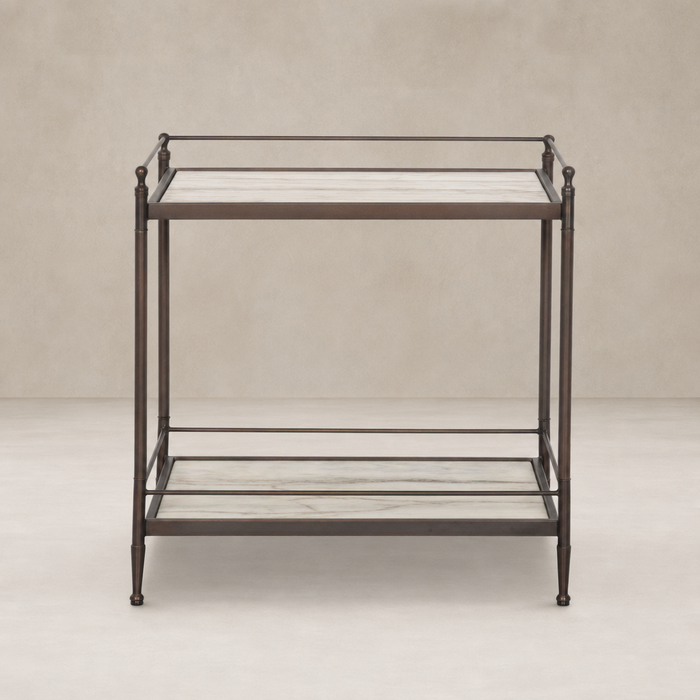 Soren Nightstand features a sleek design with a marble top and metal frame.