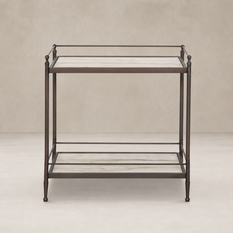 Soren Nightstand features a sleek design with a marble top and metal frame.