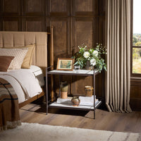 Soren Nightstand with two shelves, featuring a sleek white top and black metal frame.