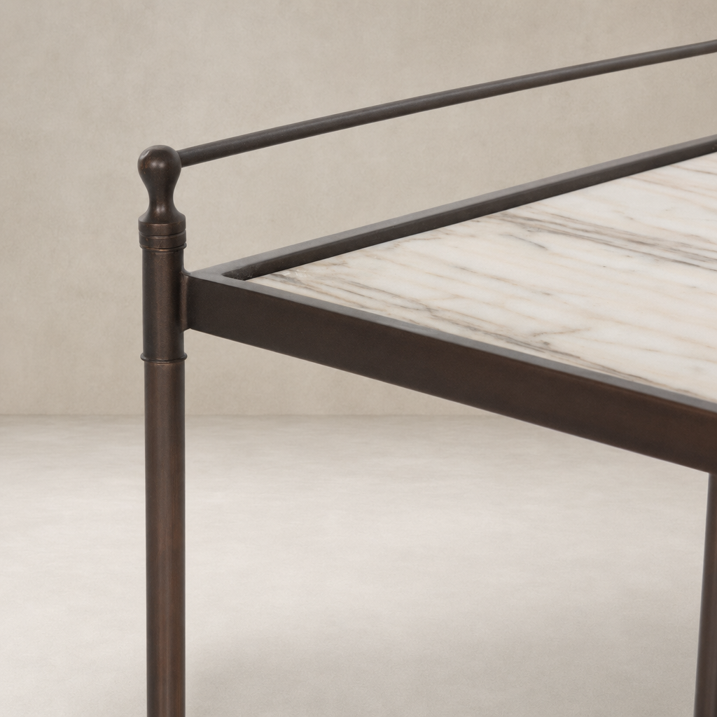 Soren Nightstand featuring a sleek metal frame and elegant marble top detail.
