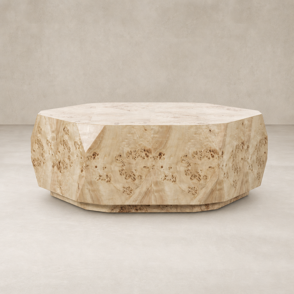 Light Burl Selena Coffee Table with unique octagonal shape and textured surface.