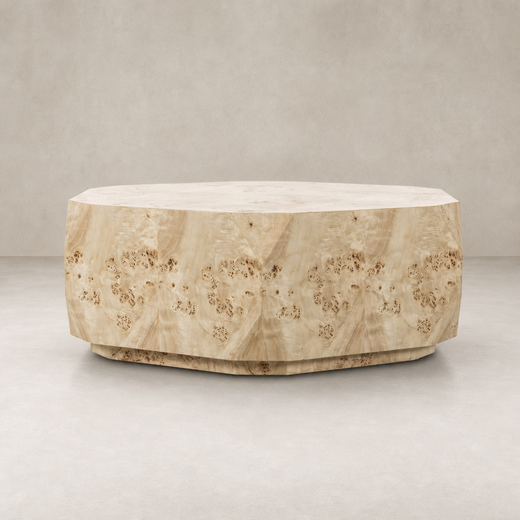 Light Burl Selena Coffee Table with a unique geometric shape and textured finish.