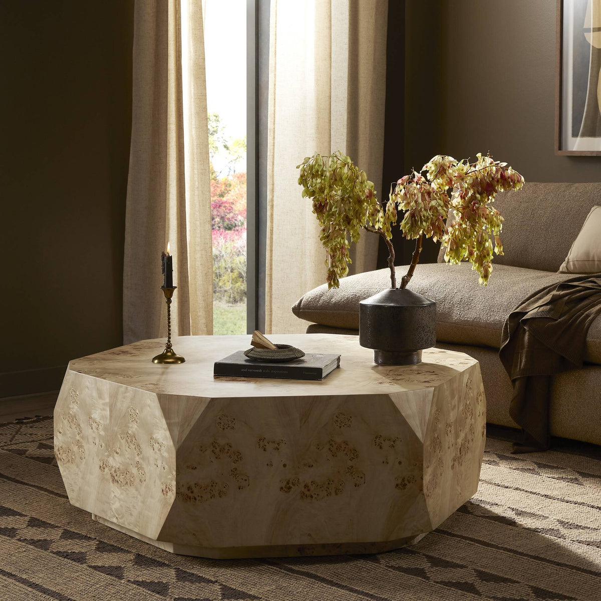 Selena Coffee Table in Light Burl featuring a unique octagonal shape and natural texture.