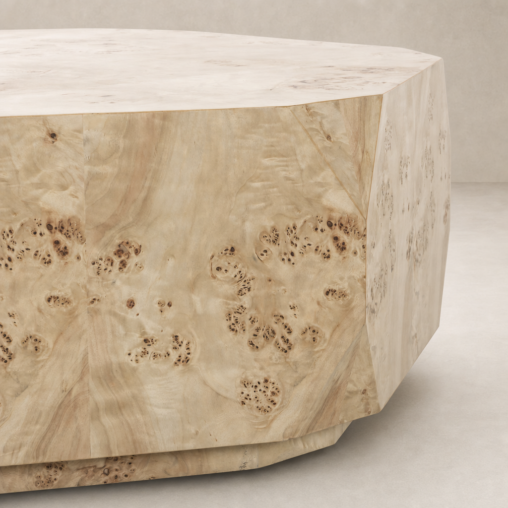 Selena Coffee Table in light burl featuring a unique textured surface and modern design.