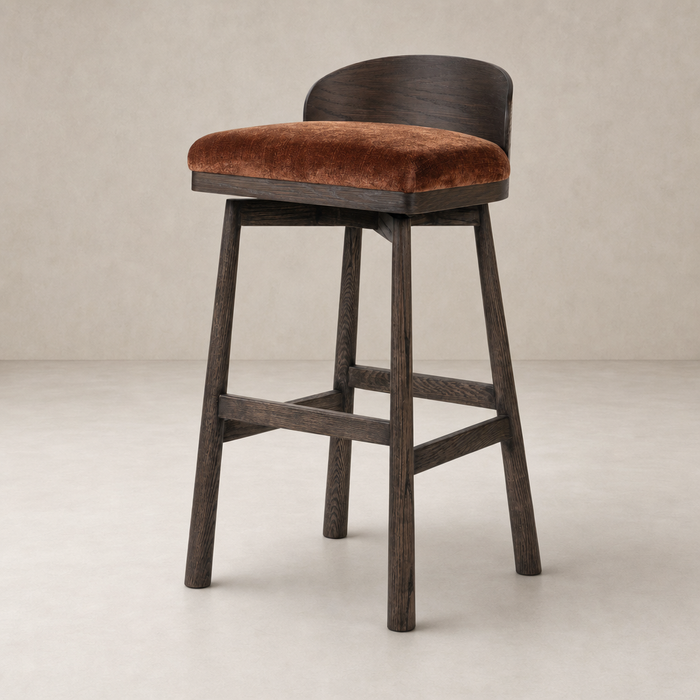 Quito Swivel Bar + Counter Stool in Altair Sienna with plush seat and dark wood legs.