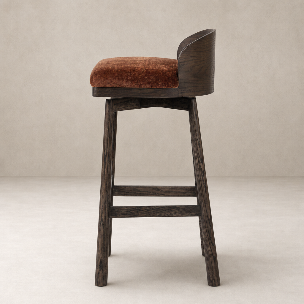 Quito Swivel Bar + Counter Stool in Altair Sienna with sleek wood finish and plush seat.