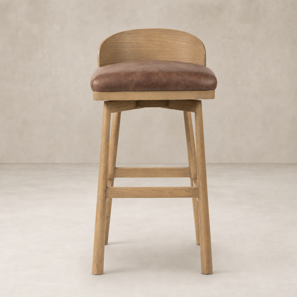 Quito Swivel Bar + Counter Stool in Palermo Cigar with wooden legs and plush seat.