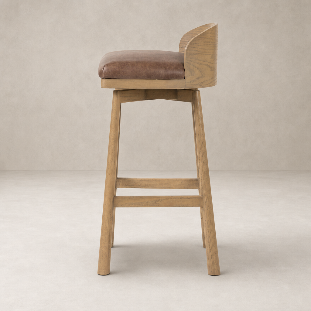 Quito Swivel Bar + Counter Stool in Palermo Cigar with sleek wooden legs and plush seat.