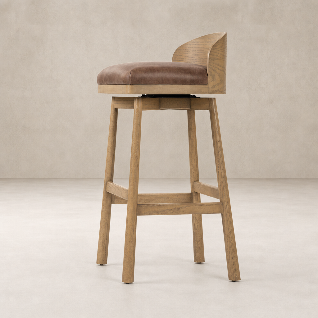 Quito Swivel Bar + Counter Stool in Palermo Cigar with wooden legs and soft padded seat.