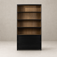 Osaka Bookcase in drifted matte black with oak shelves and two drawers.
