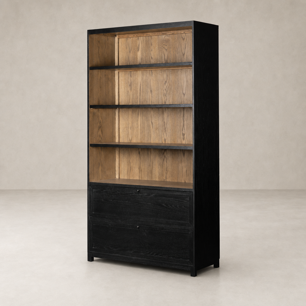 Osaka Bookcase in Drifted Matte Black with wood accent shelves and two drawers.