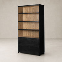 Osaka Bookcase in Drifted Matte Black with wood accent shelves and two drawers.