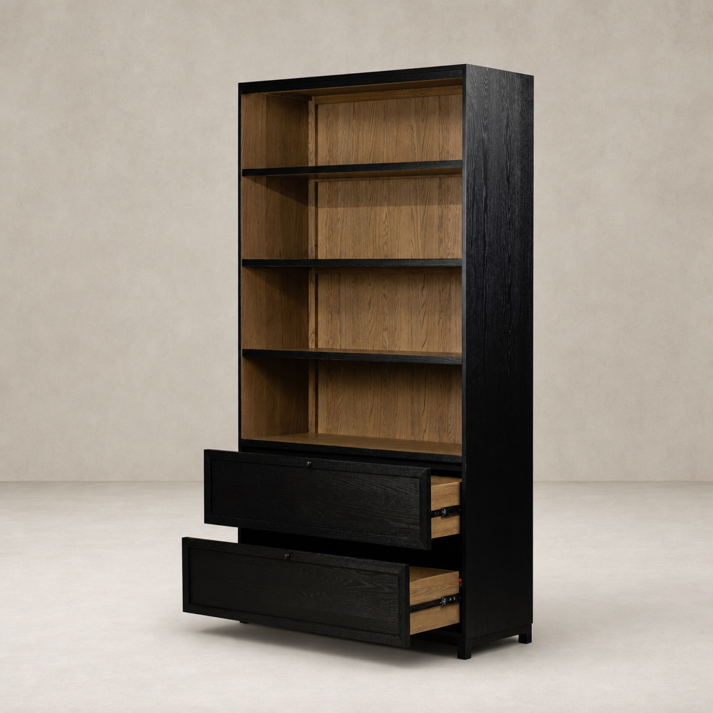 Osaka Bookcase in Drifted Matte Black featuring open shelves and two spacious drawers.