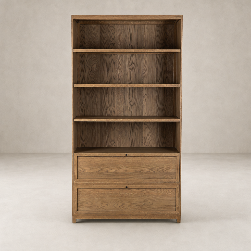 Osaka Bookcase in Drifted Oak Solid with spacious shelves and two lower drawers.