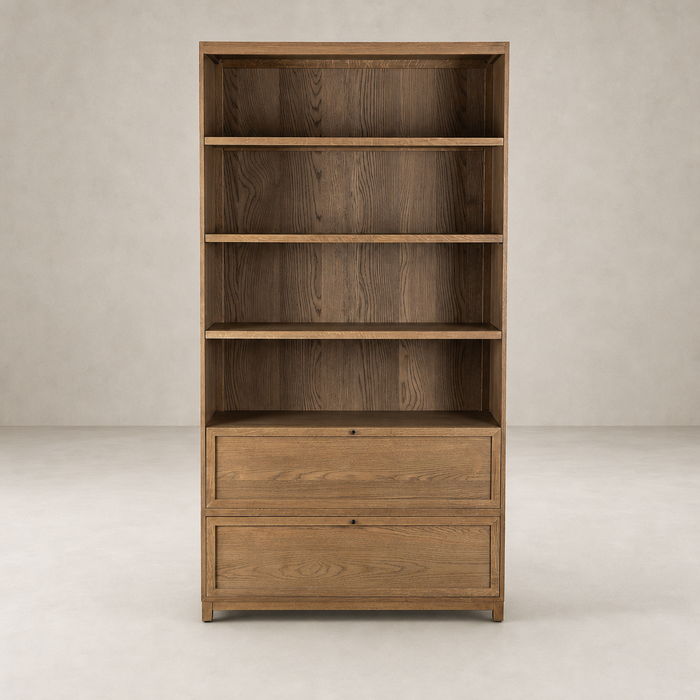Osaka Bookcase in Drifted Oak Solid with spacious shelves and two lower drawers.