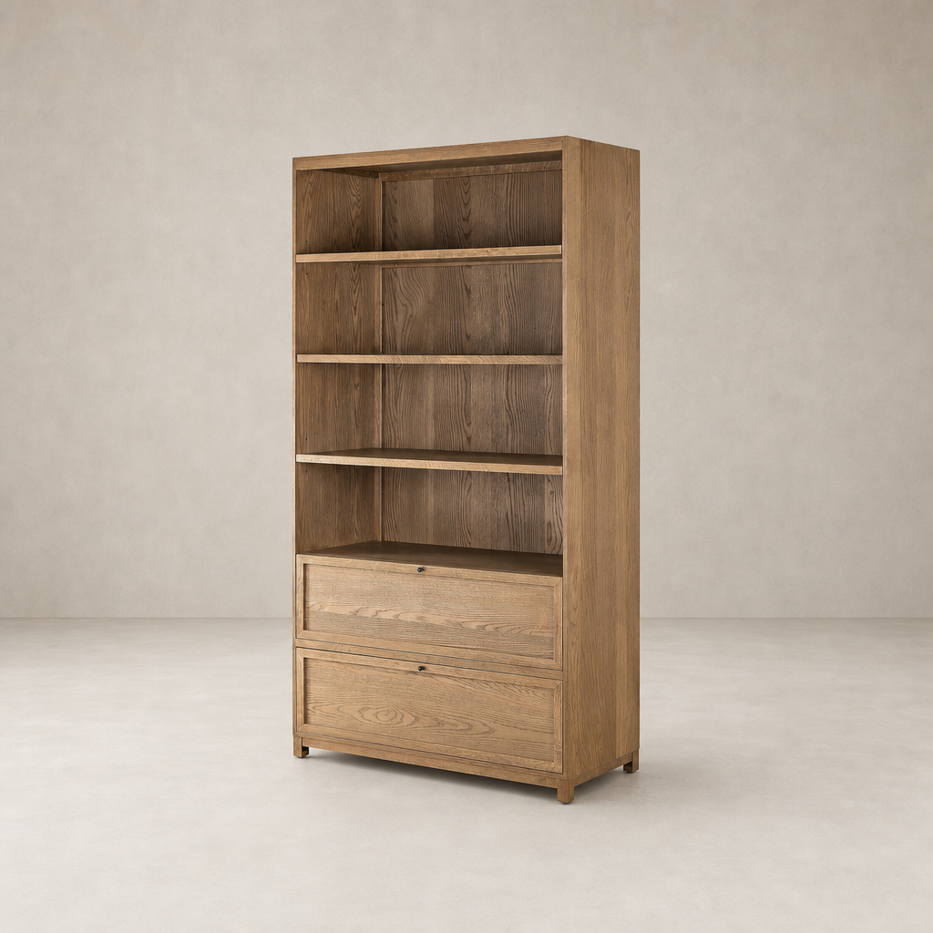 Osaka Bookcase in drifted oak solid features five open shelves and two spacious drawers.
