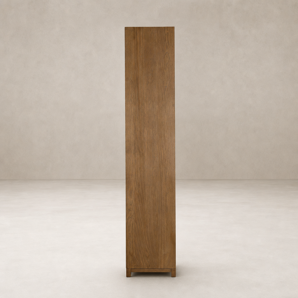 Osaka Bookcase in drifted oak solid with a smooth, minimalist design.