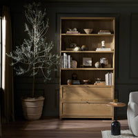 Osaka Bookcase in drifted oak solid showcasing elegant shelves and stylish storage drawers.
