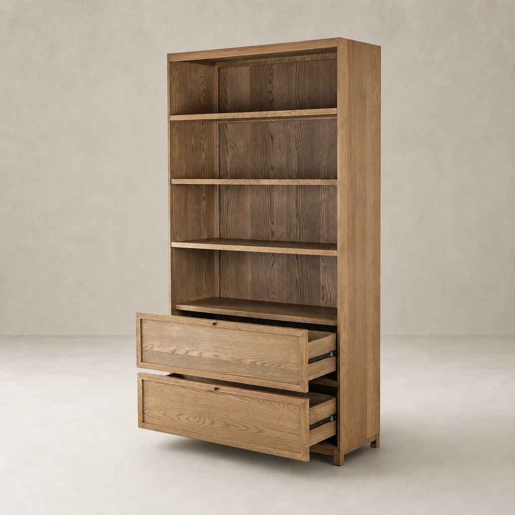 Osaka Bookcase in Drifted Oak Solid with five shelves and two spacious drawers.