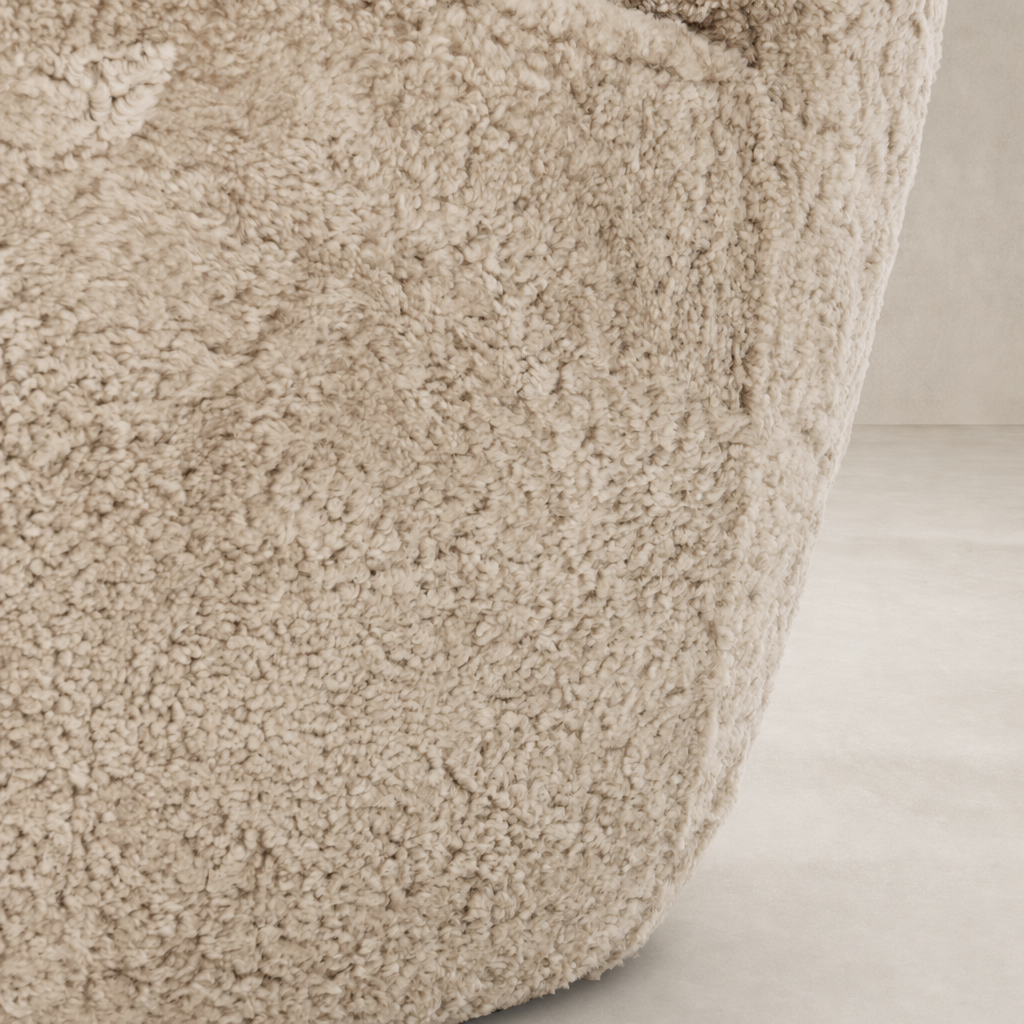 Beige shearling texture of the Elodie Chair showcasing its plush, cozy surface.