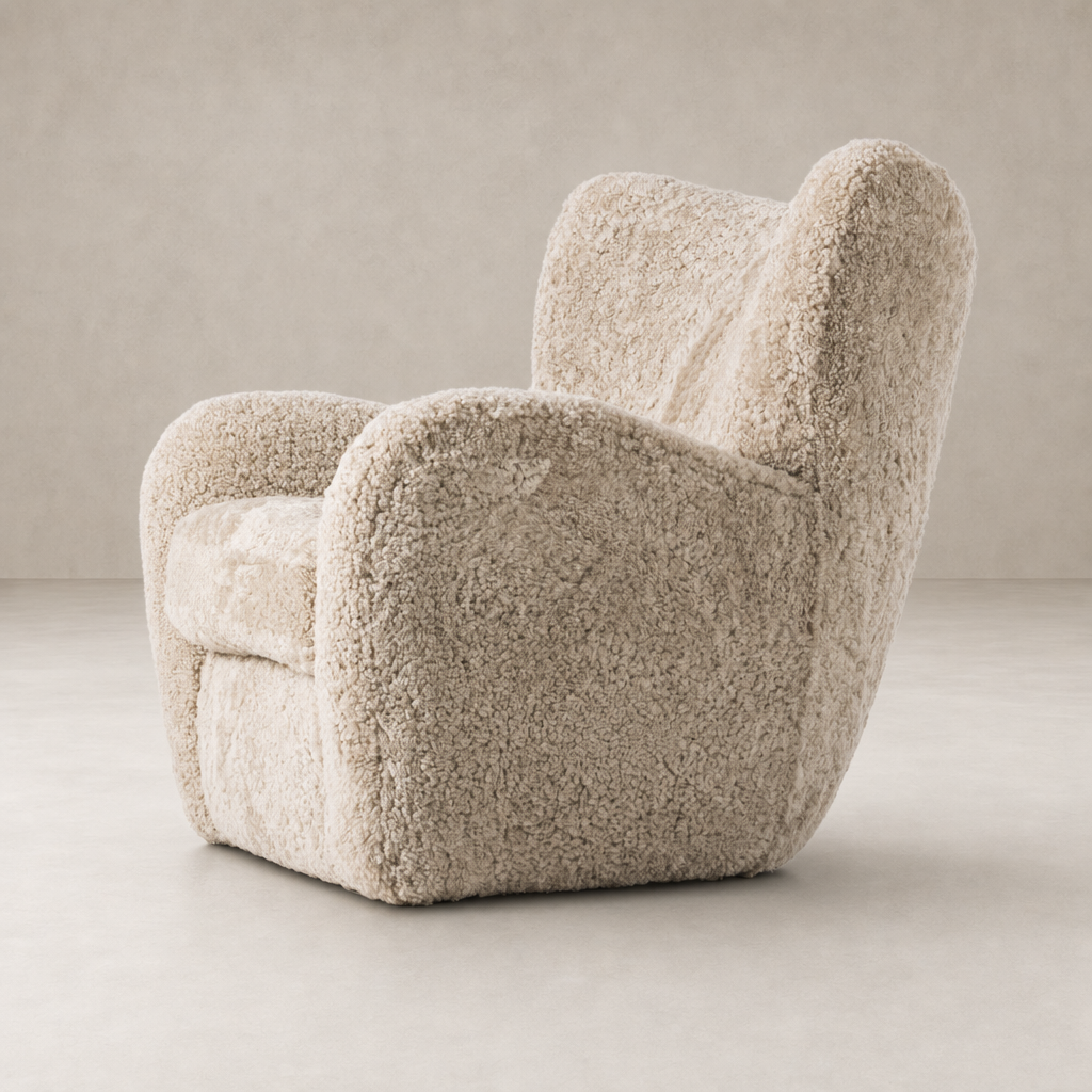 Elodie Chair in beige shearling with a cozy, curved design and plush texture.