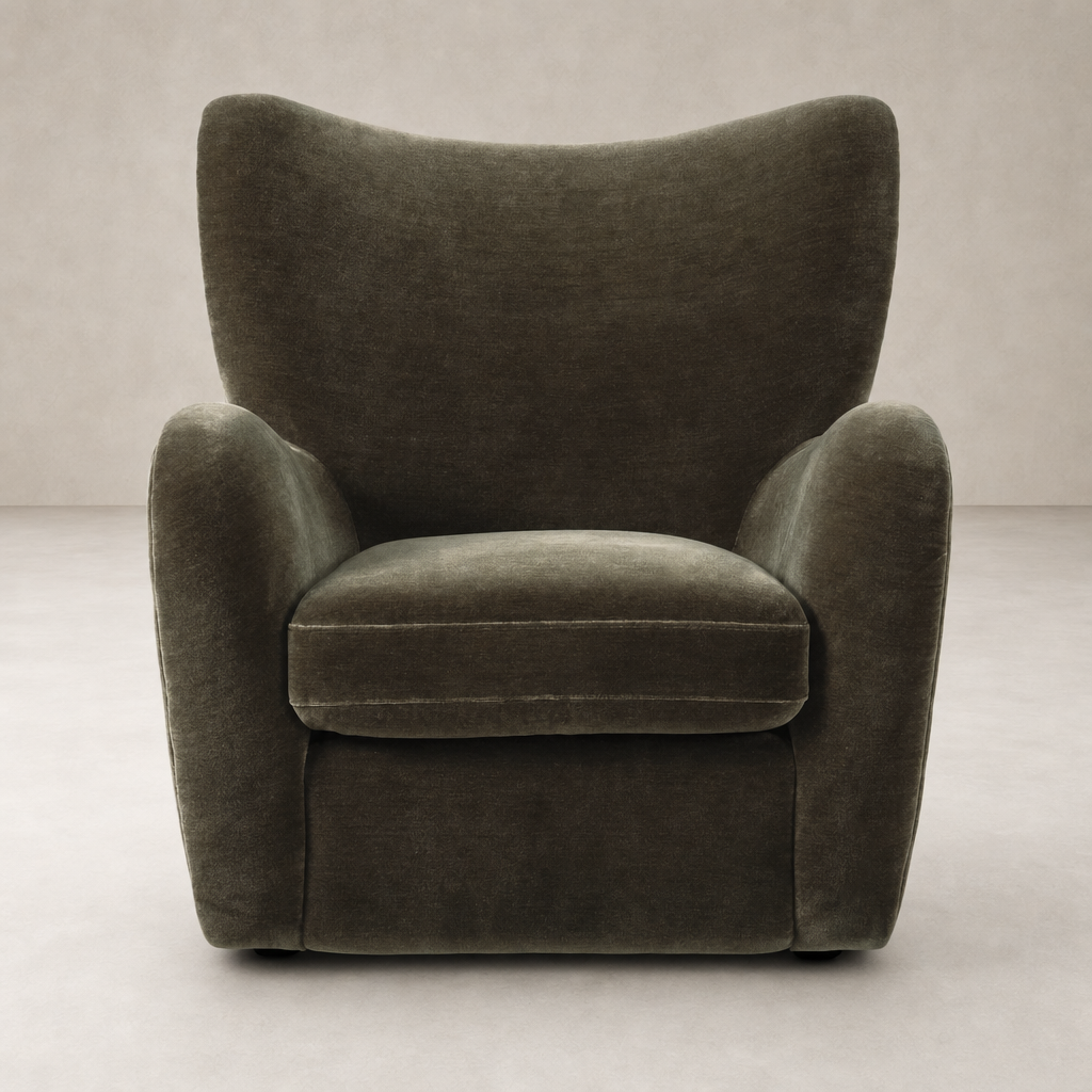 Elodie Chair in Monte Olive, featuring a curvy silhouette and plush upholstery.