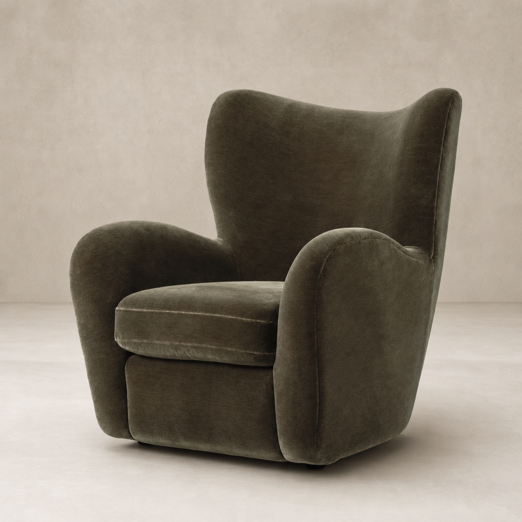 Elodie Chair in Monte Olive featuring a plush, curved design and inviting comfort.